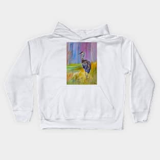 Crane in a violet forest Kids Hoodie